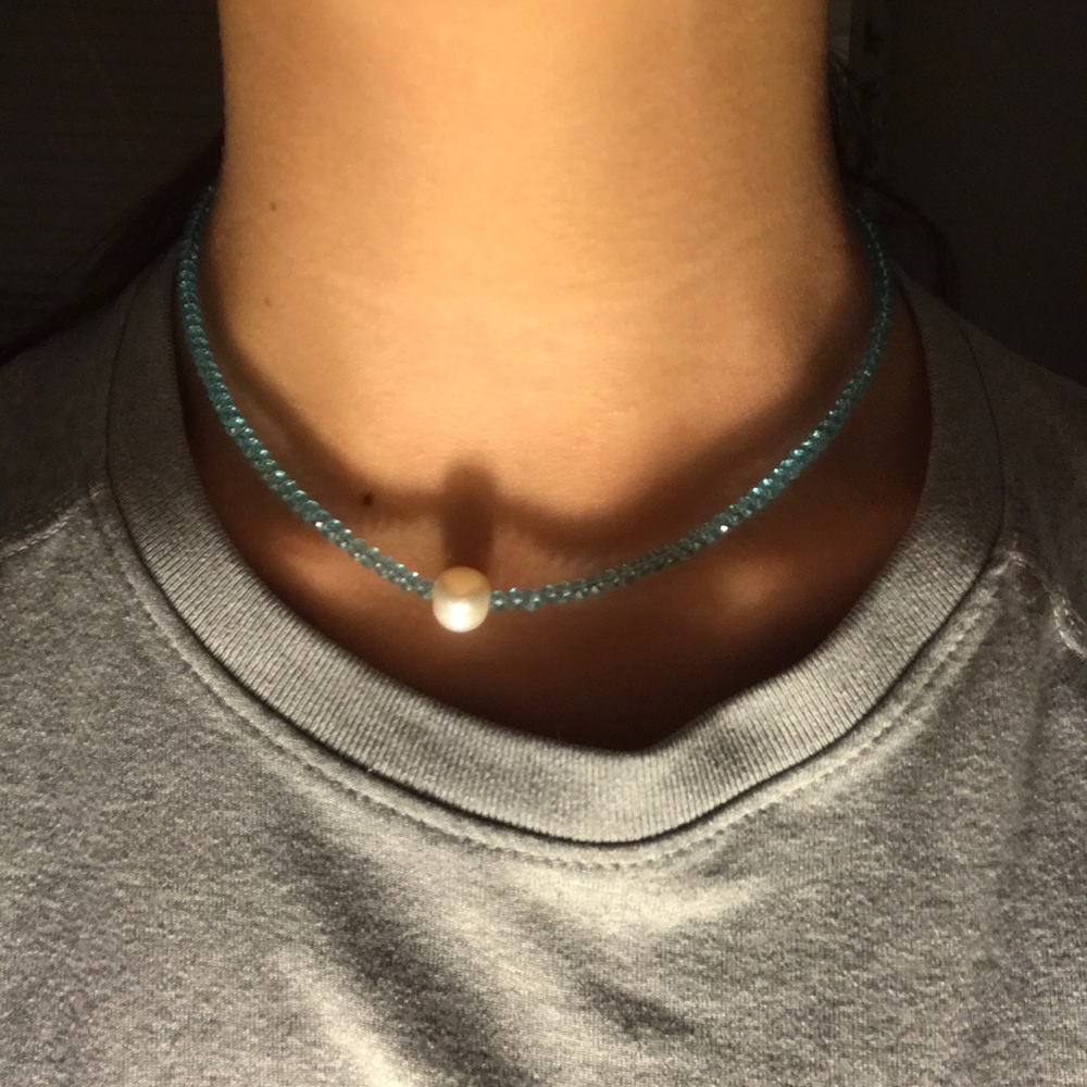 blue beaded with white pearl necklace